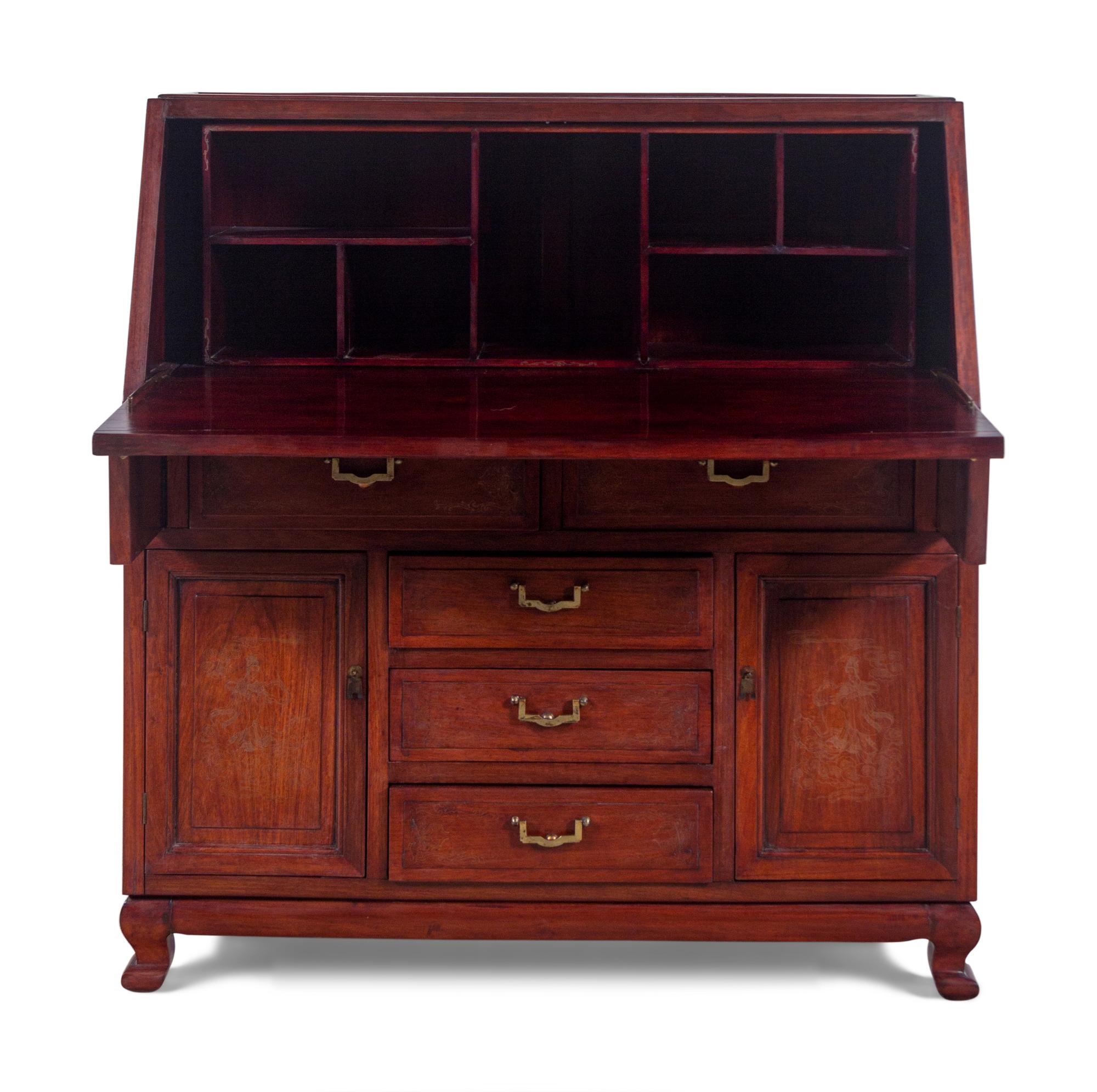 A Chinese Export Rosewood Gilt-Metal Inlaid Slant-Front Desk