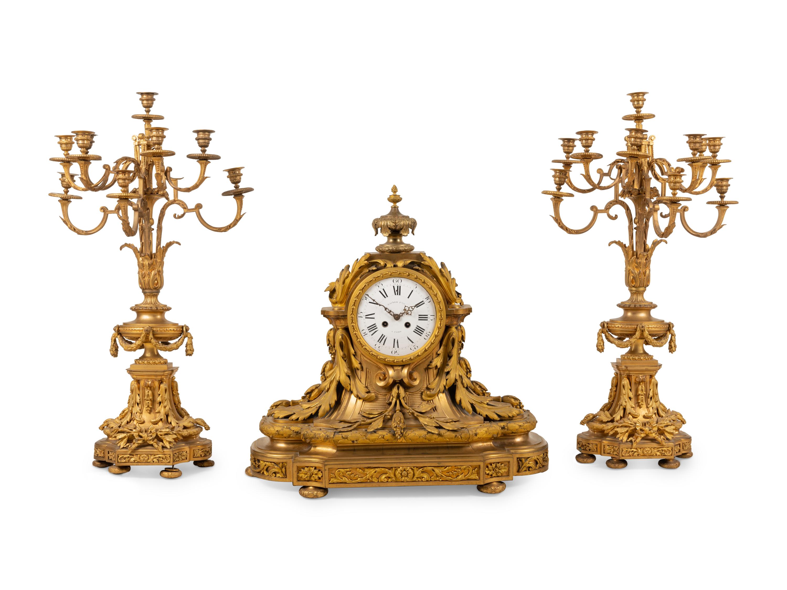 A Large French Gilt Bronze Clock Garniture