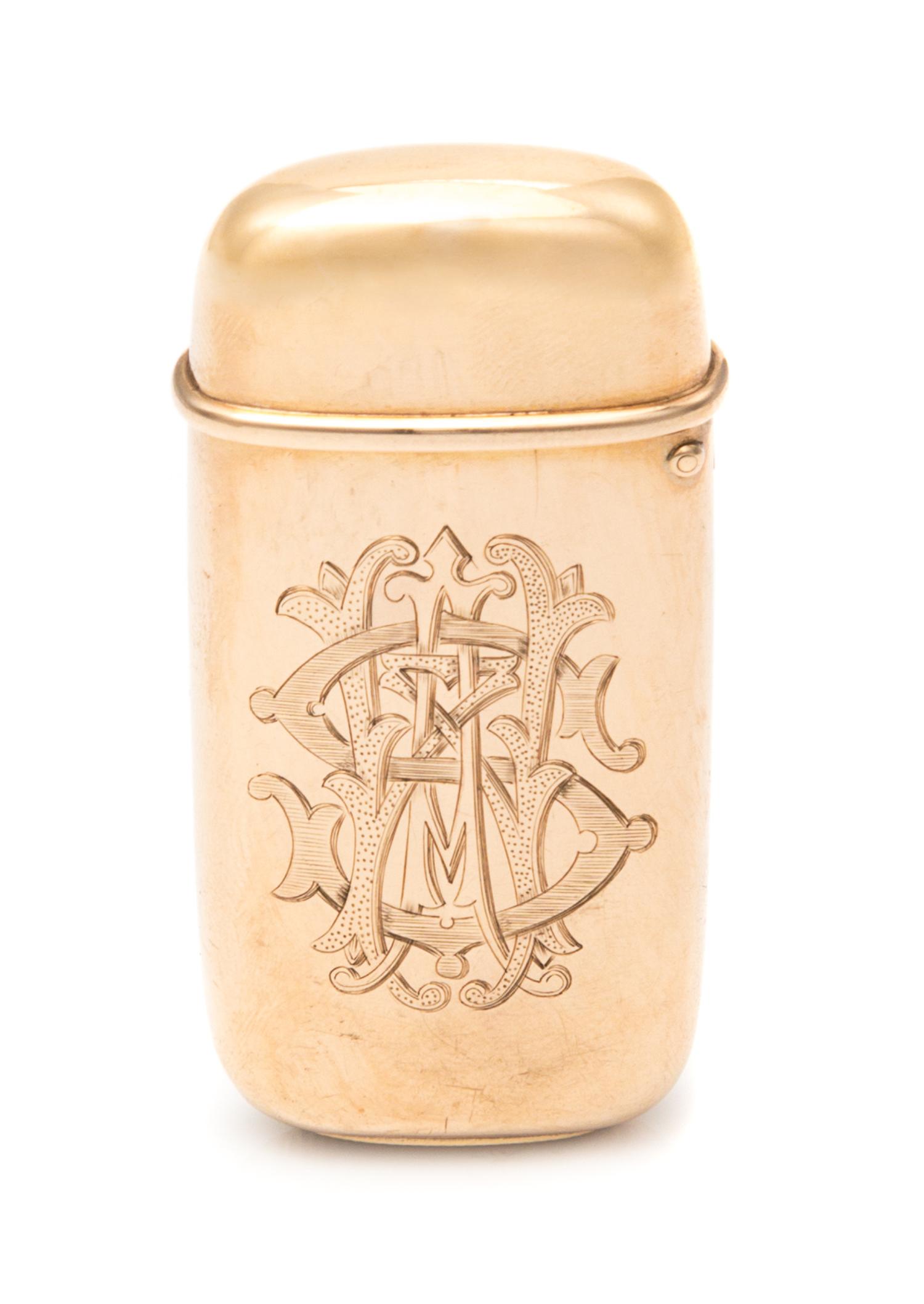 An American Rose Gold Vesta Case, Tiffany & Co., New York, NY, the exterior with an engraved monogram to each side.