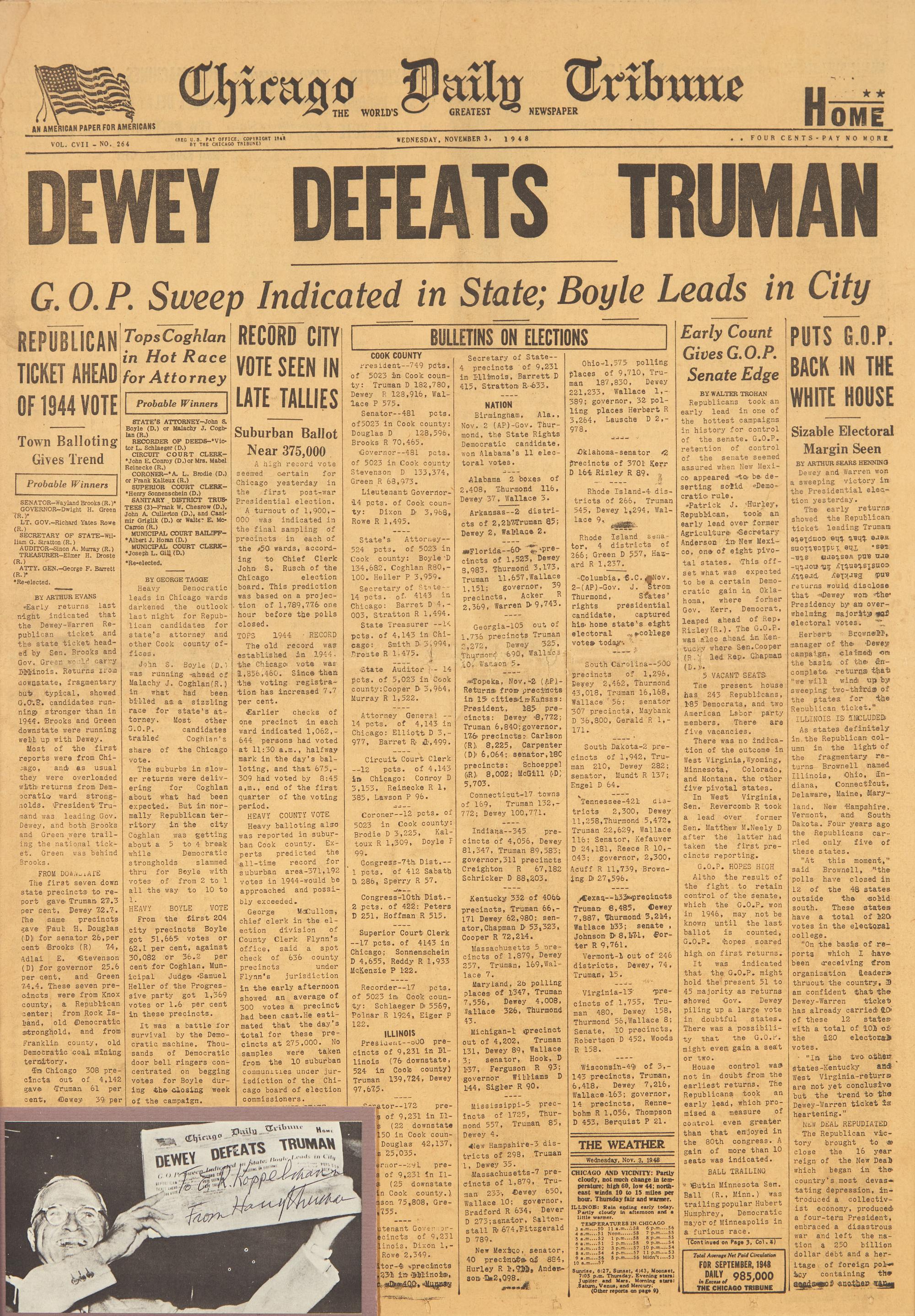 [Presidential] Truman, Harry. " Dewey Defeats Truman" issue of the Chicago Daily Tribune and Inscribed Photograph
