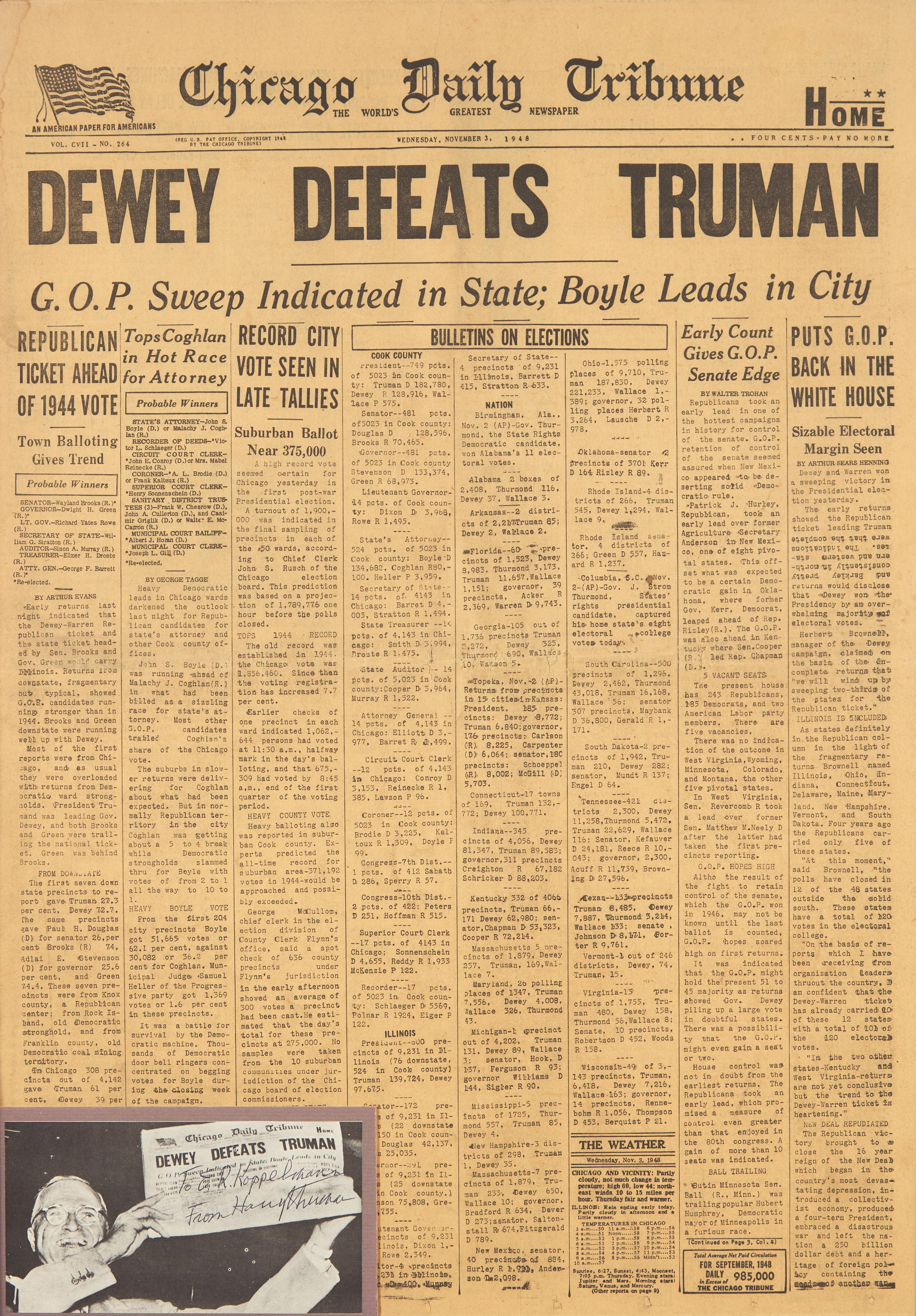 [Presidential] Truman, Harry. " Dewey Defeats Truman" issue of the Chicago Daily Tribune and Inscribed Photograph
