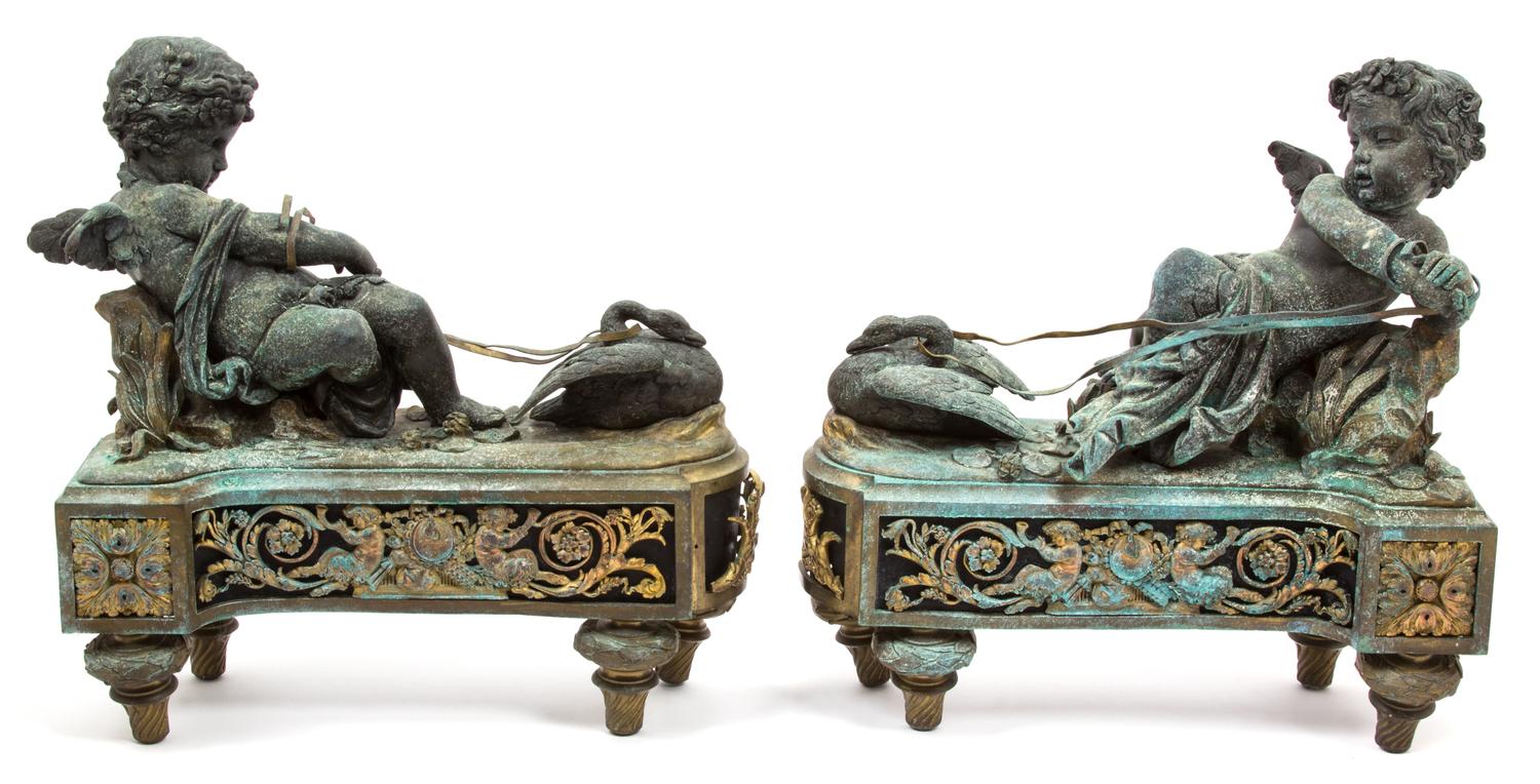 A Pair of Louis XVI Style Bronzed Metal Chenets Height 15 inches. — 19TH CENTURY
