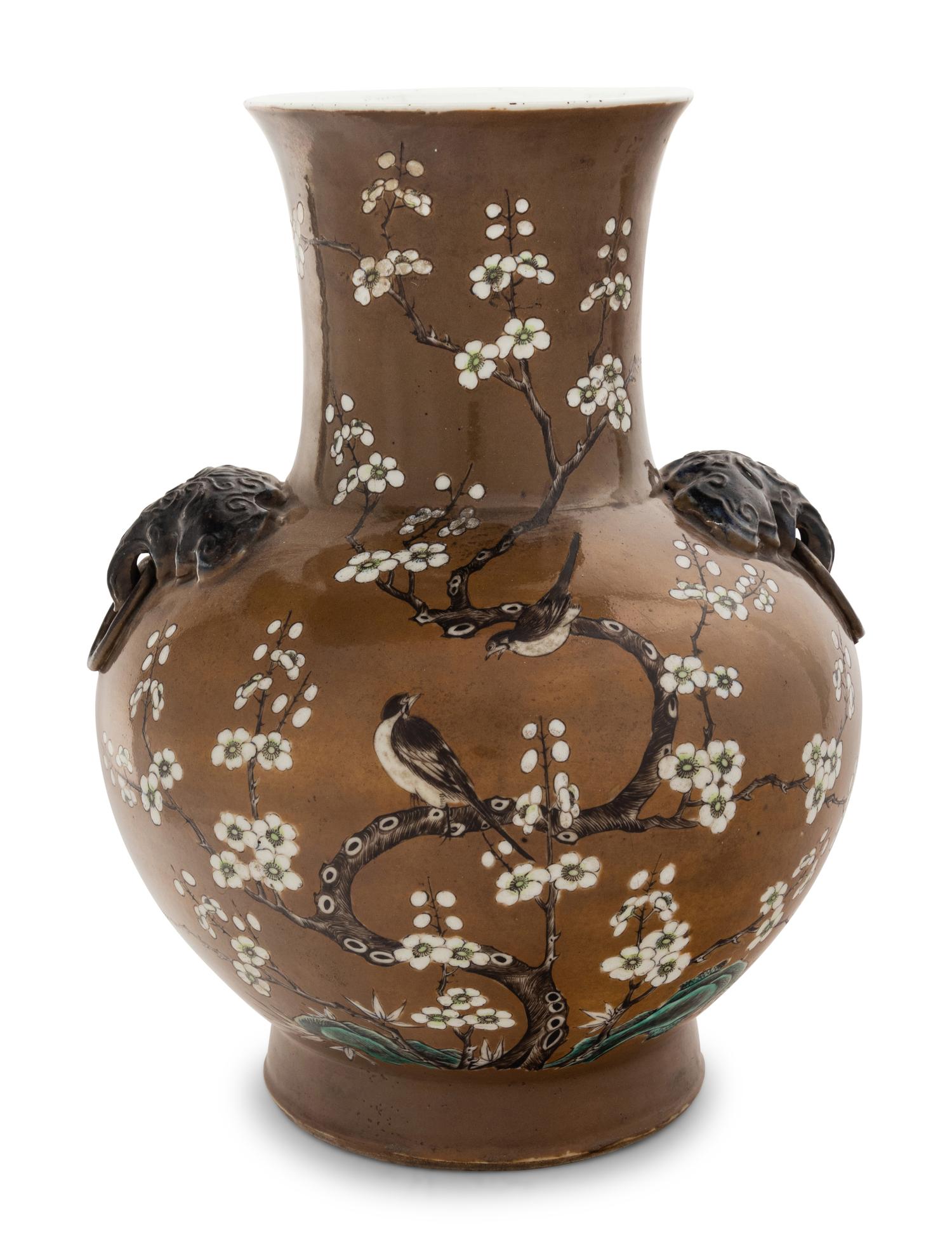 A Chinese Ochre Ground Grisalle Decorated Porcelain Zun Vase