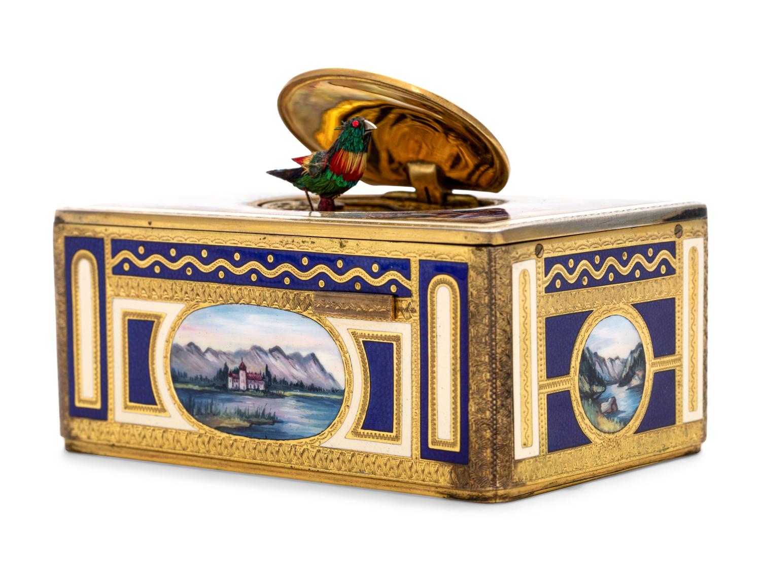 A German Hand-Painted Enamel Singing Bird Automaton Box