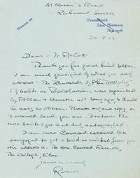 RUSSELL, Bertrand (1872-1970). Autograph letter signed ("Russell"), to Mr. Arcott. Richmond Surrey, 26 March 1951.