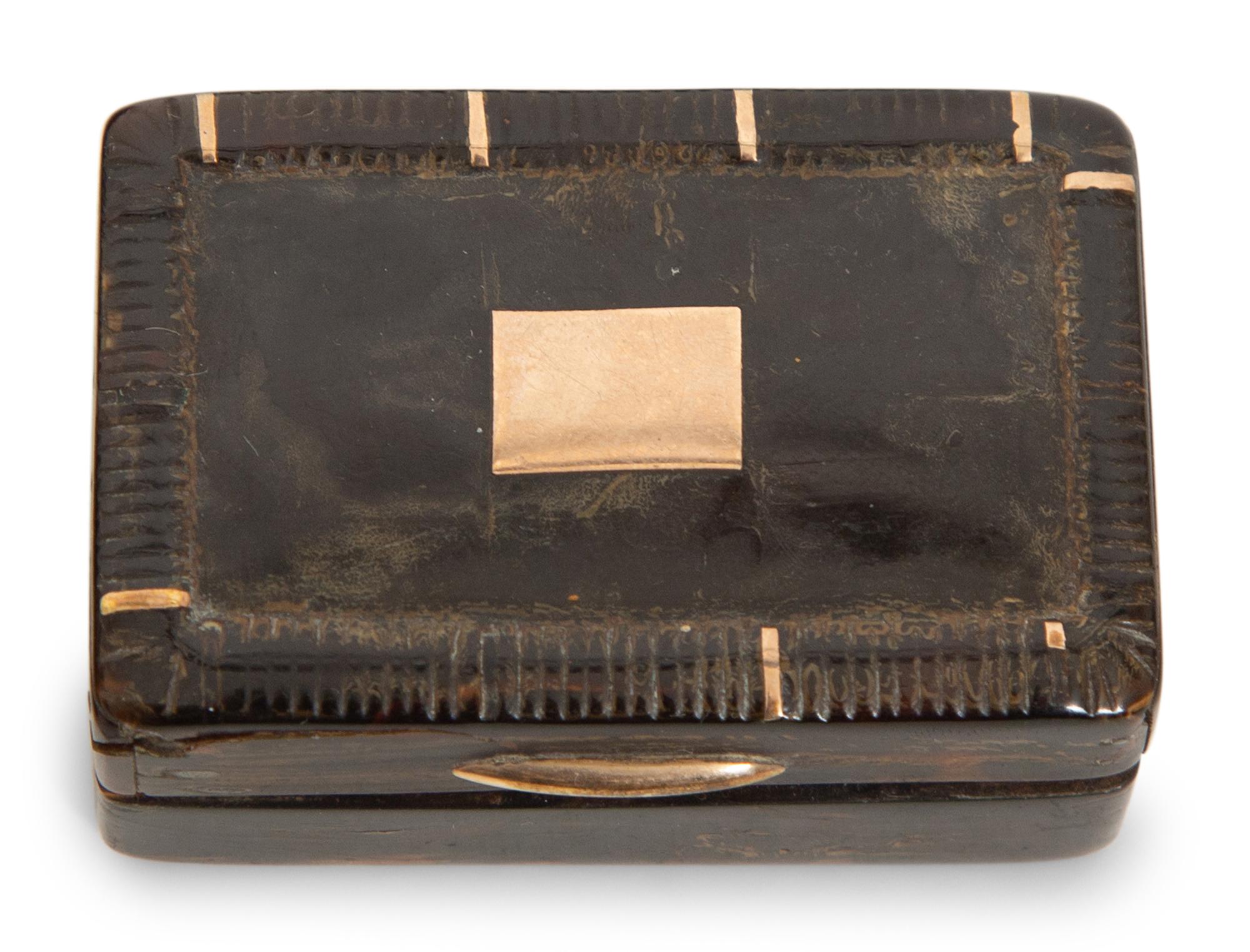 A Group of Six English Carved and Inlaid Horn Snuff Boxes and Cases