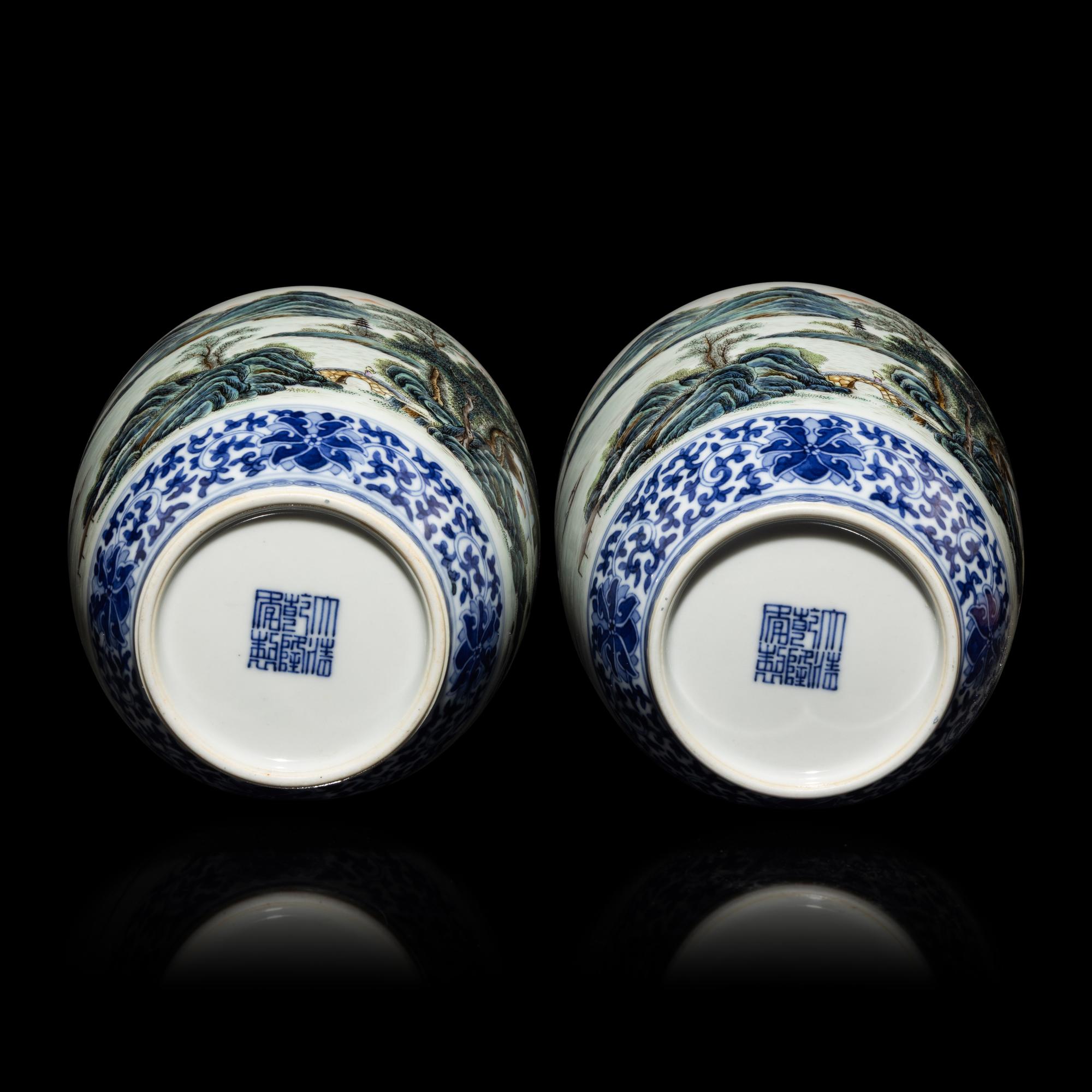A Pair of Chinese Underglazed Blue and Famille Rose Porcelain 'Landscape' Vases, 20th Century — 近代 青花粉彩山水圖瓶一對