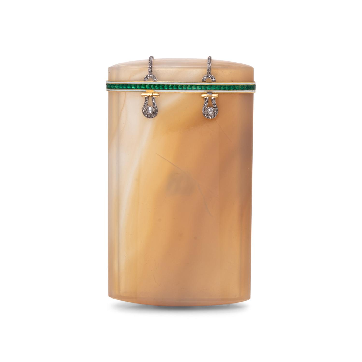 A French Diamond, Platinum and Enamel-Mounted Agate Case