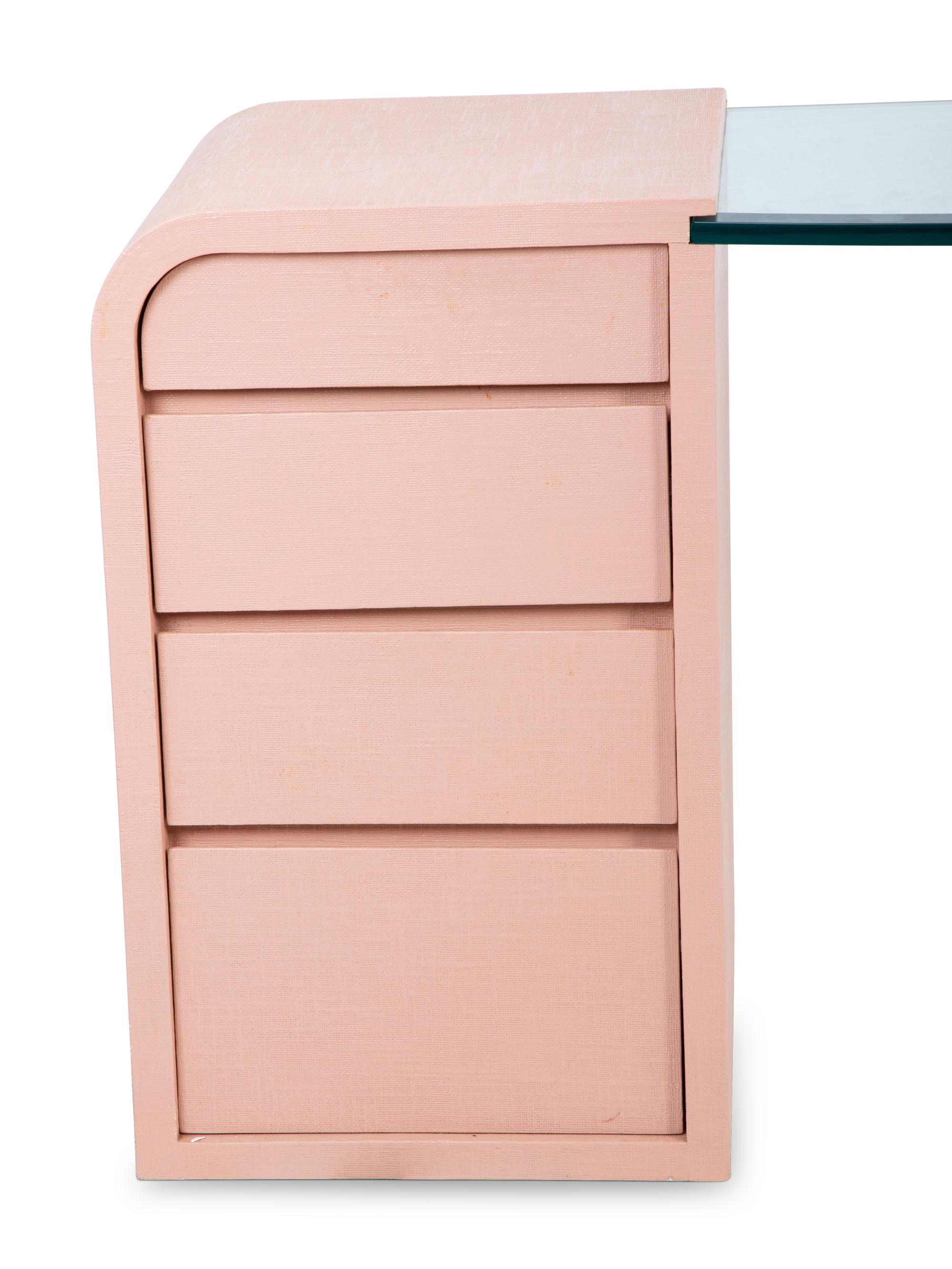 A Karl Springer Style Painted Cloth Wrapped and Glass Dressing Table with a Lucite Stool — CIRCA 1970