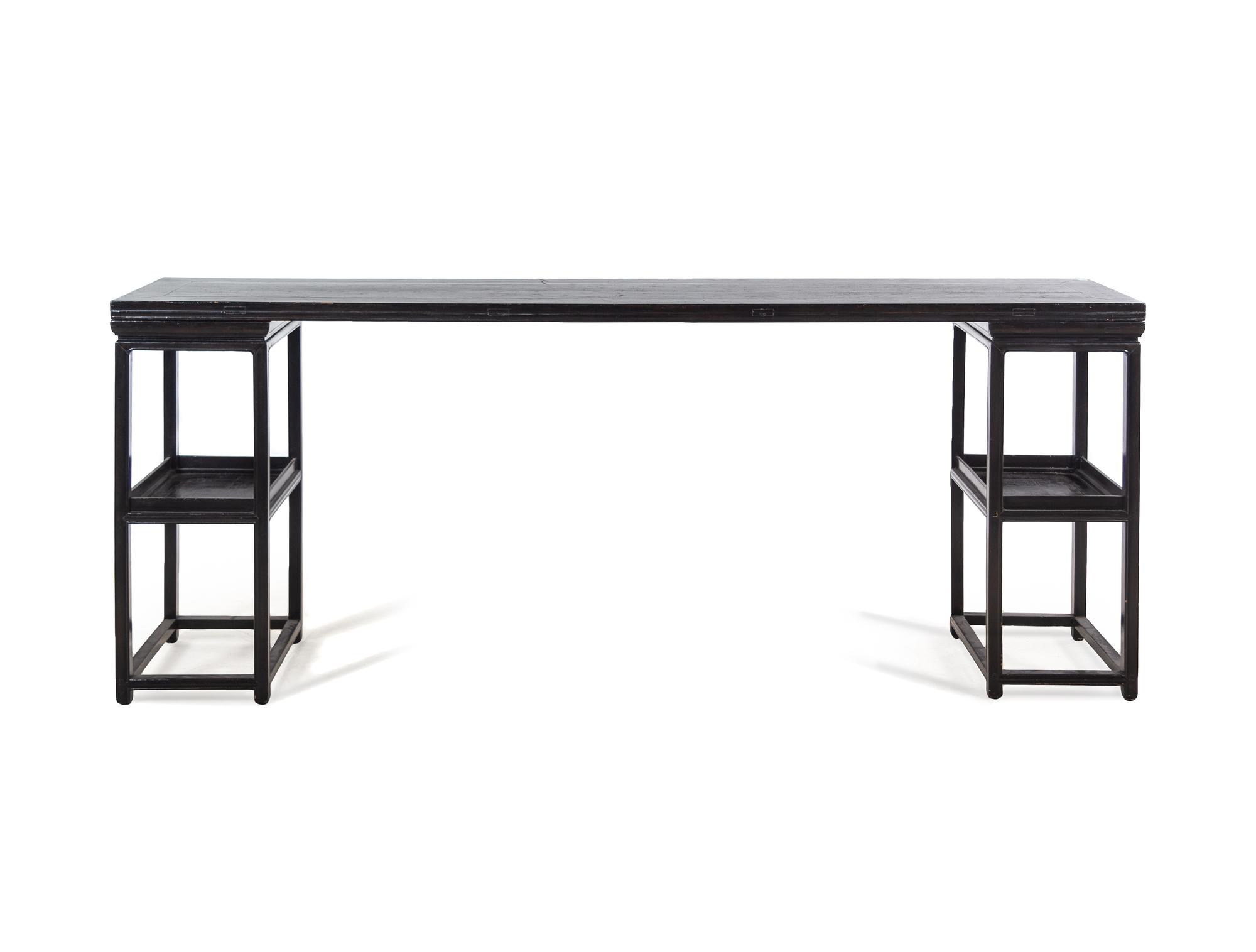 A Chinese Black Lacquered Wood Plank-Top Pedestal Table, Jiaji'an