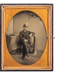 [EARLY PHOTOGRAPHY]. Half plate tintype of a band member with his sax horn. Ca 1890.