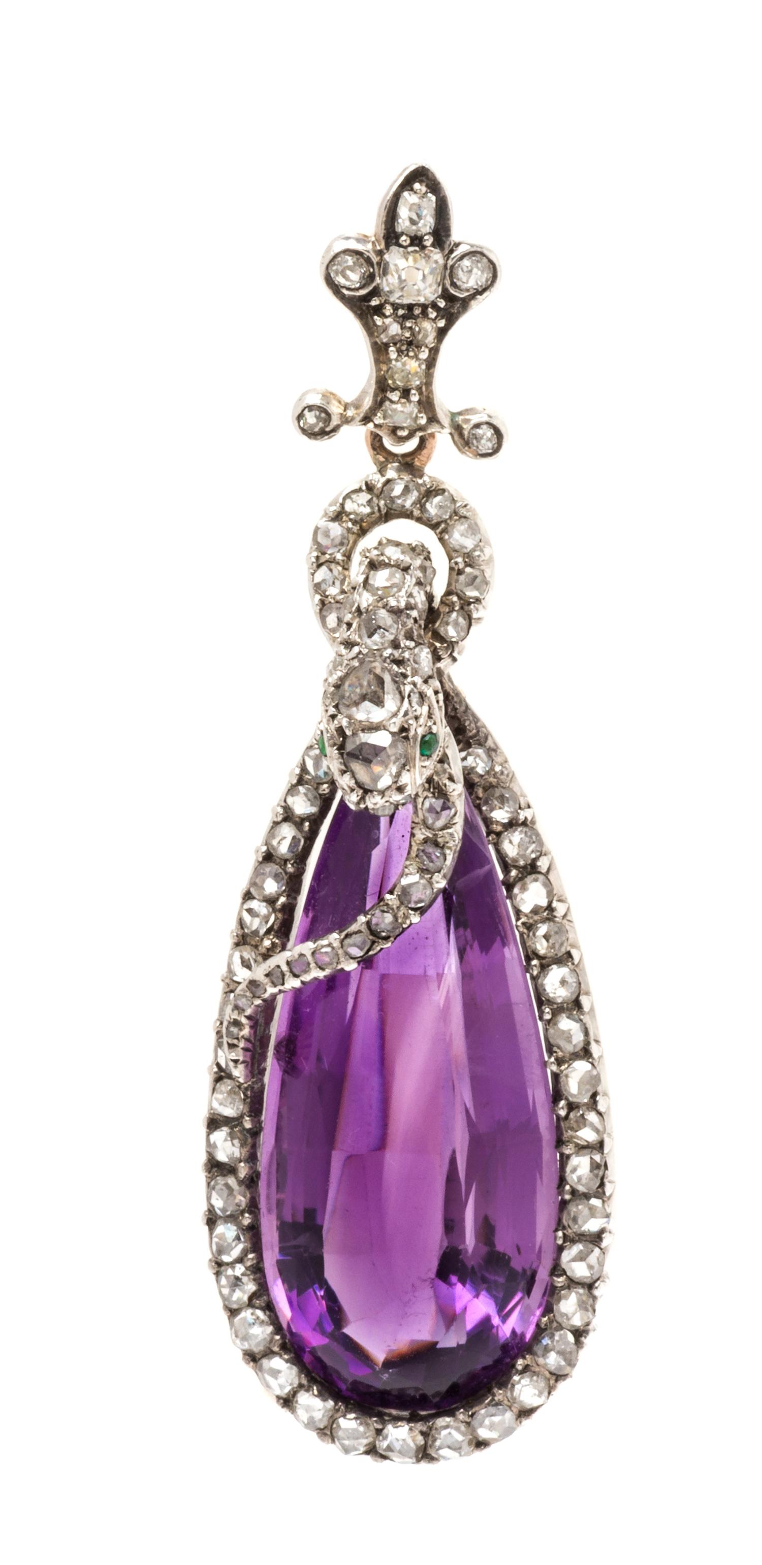 A Silver Topped Gold, Amethyst, Diamond and Emerald Serpent Motif Pendant, 13.80 dwts.