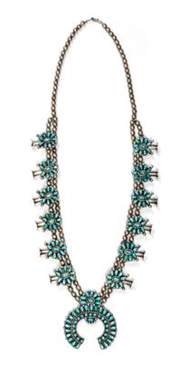 A Zuni Petit Point Silver and Turquoise Squash Blossom Necklace Length 30 inches; naja height 2 1/2 x width 2 1/2 inches.