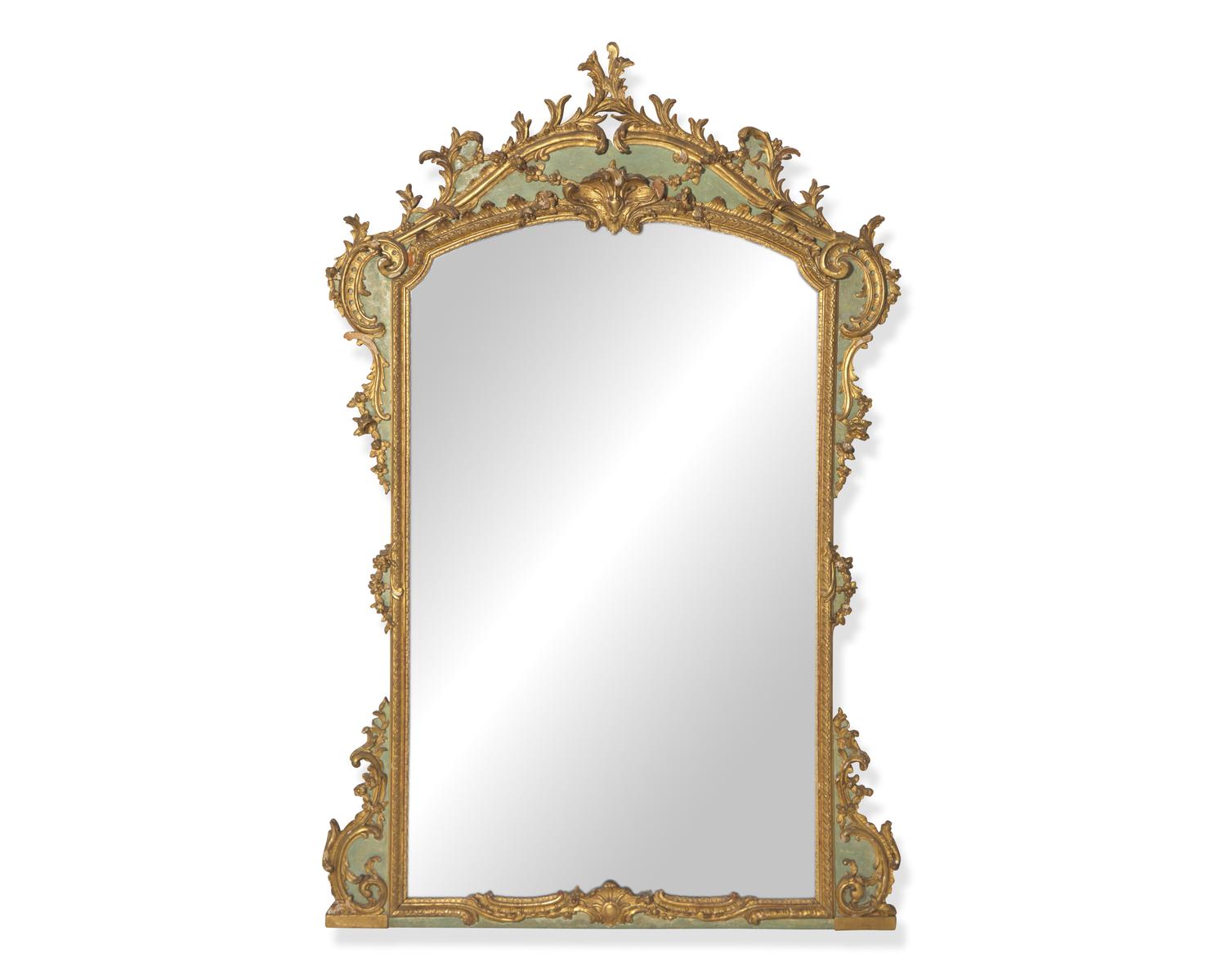 A French Rococo Revival green-painted and giltwood overmantel mirror, probably second half 19th century