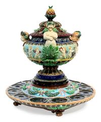 A German Majolica Punchbowl, Cover and Stand