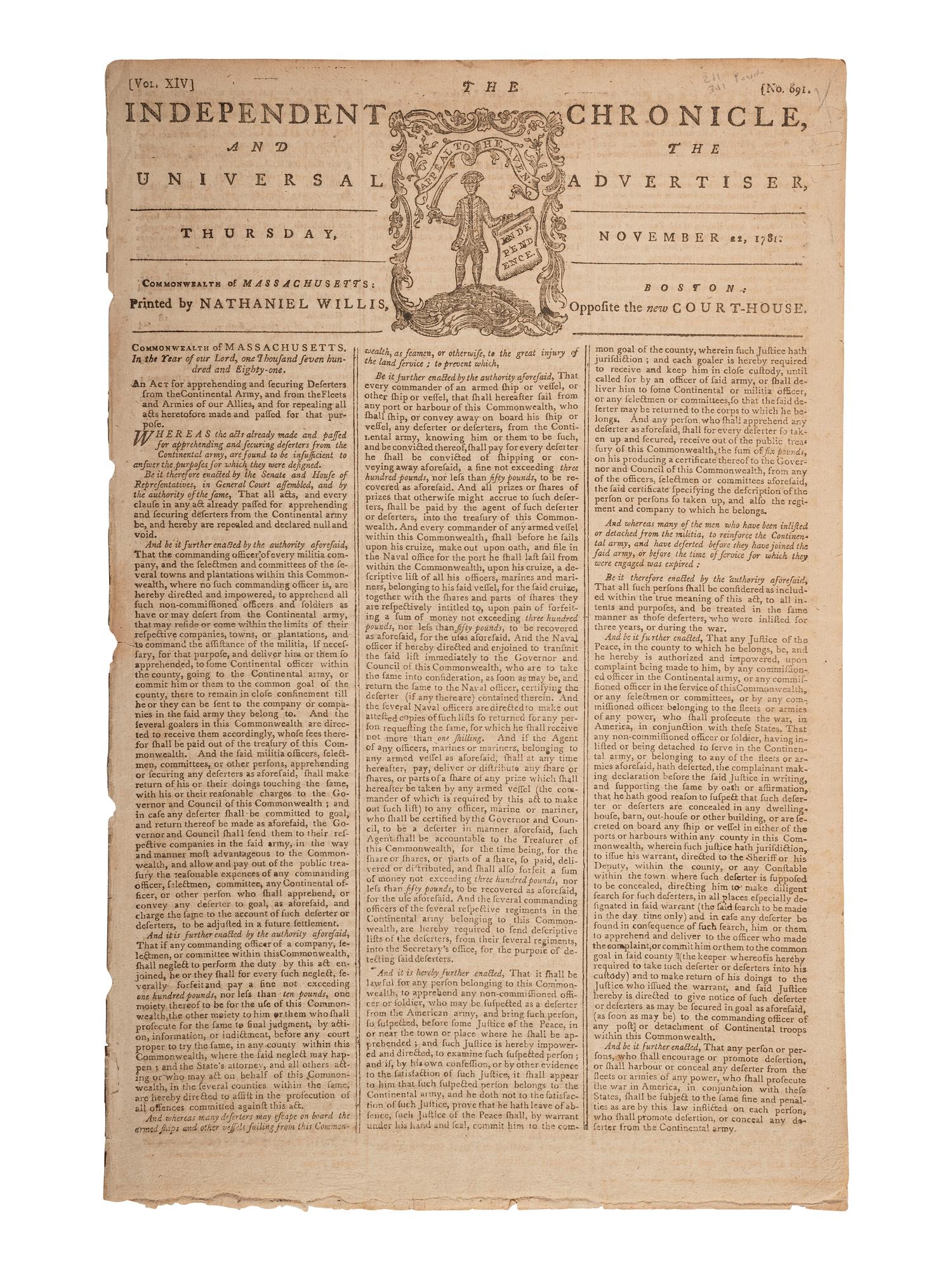 [American Revolution] Independent Chronicle and Universal Advertiser, November 22, 1781.