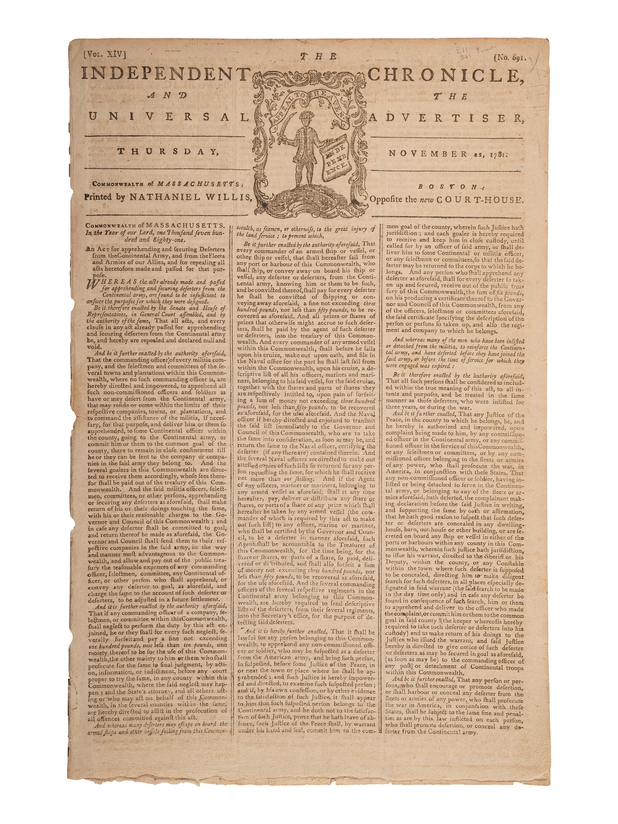 [American Revolution] Independent Chronicle and Universal Advertiser, November 22, 1781.