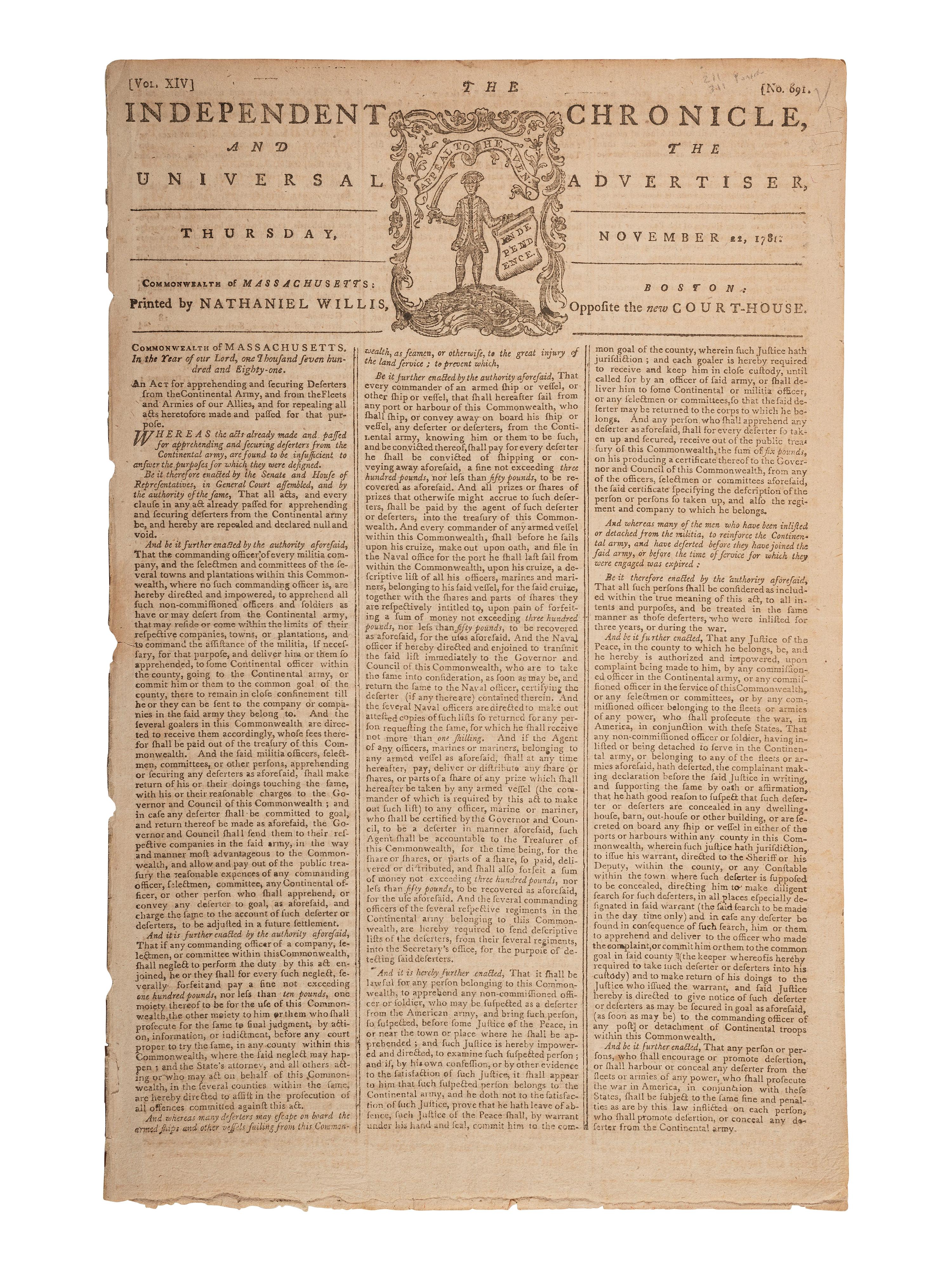 [American Revolution] Independent Chronicle and Universal Advertiser, November 22, 1781.