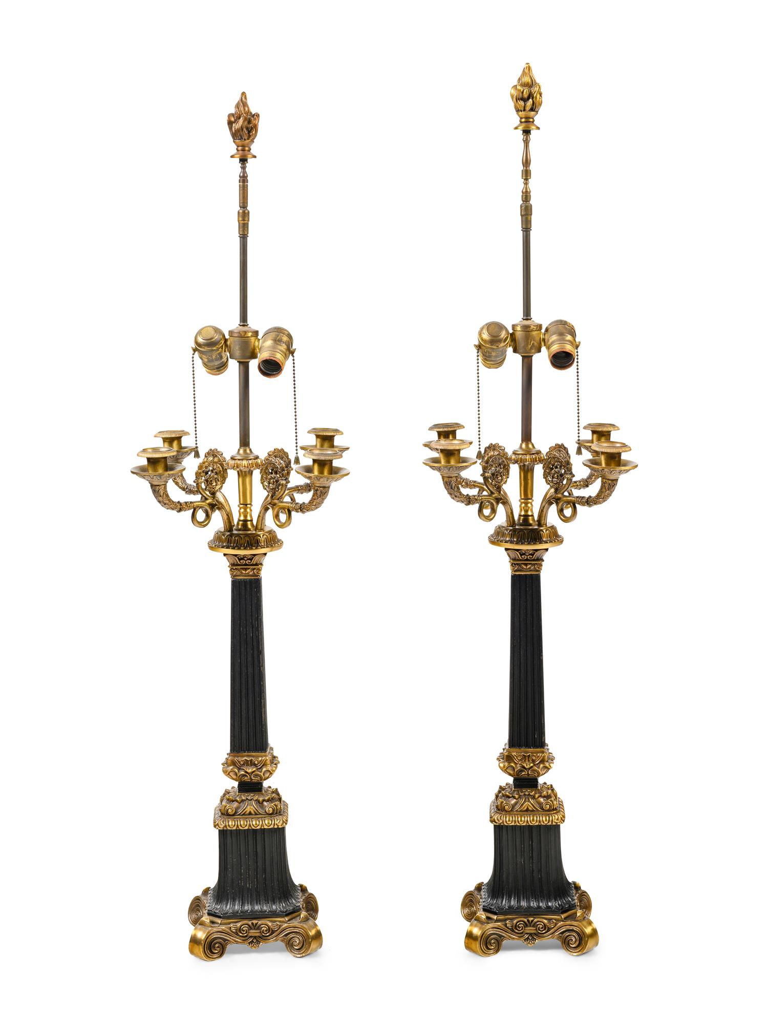 A Pair of Empire Style Four-Light Candelabra Mounted as Lamps