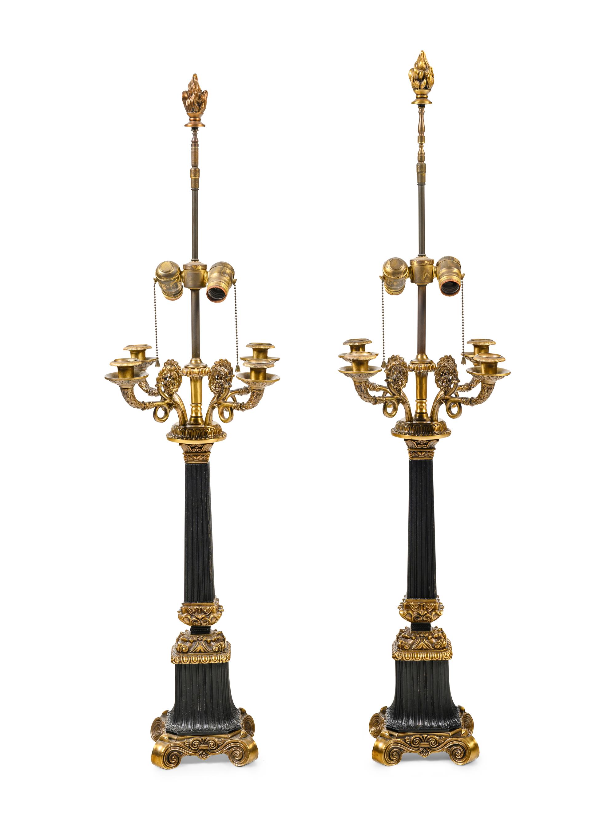 A Pair of Empire Style Four-Light Candelabra Mounted as Lamps