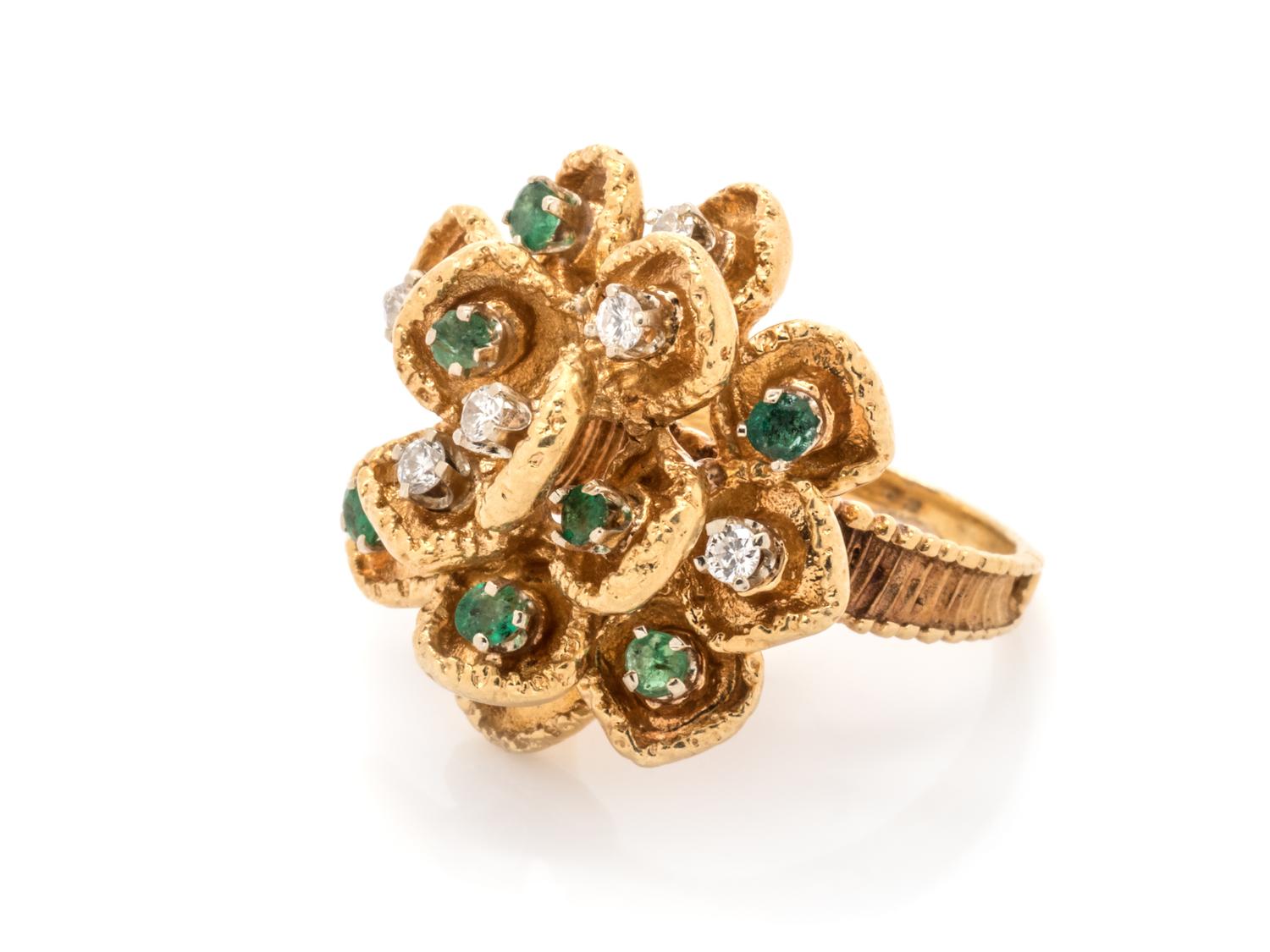 A Yellow Gold, Diamond and Emerald Flower Motif Ring,