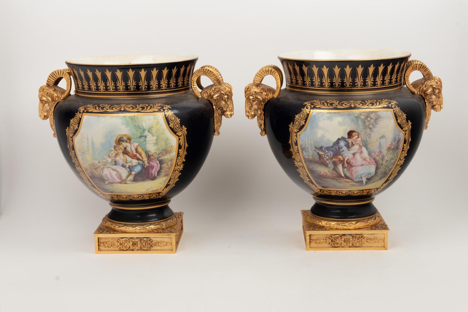 A Pair of Sèvres Style Gilt Bronze Mounted Porcelain Vases