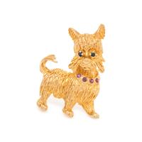YELLOW GOLD AND GEMSTONE DOG BROOCH