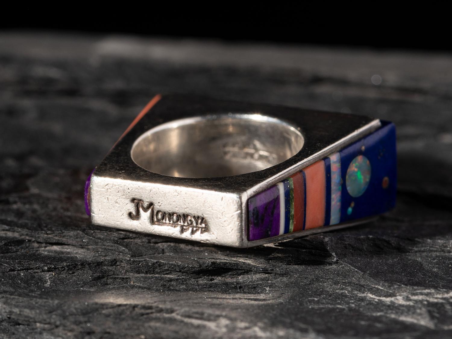 Silver Ring, set with Turquoise, Coral, Lapis, Sugilite, Opal, and 14K Gold Spacers
