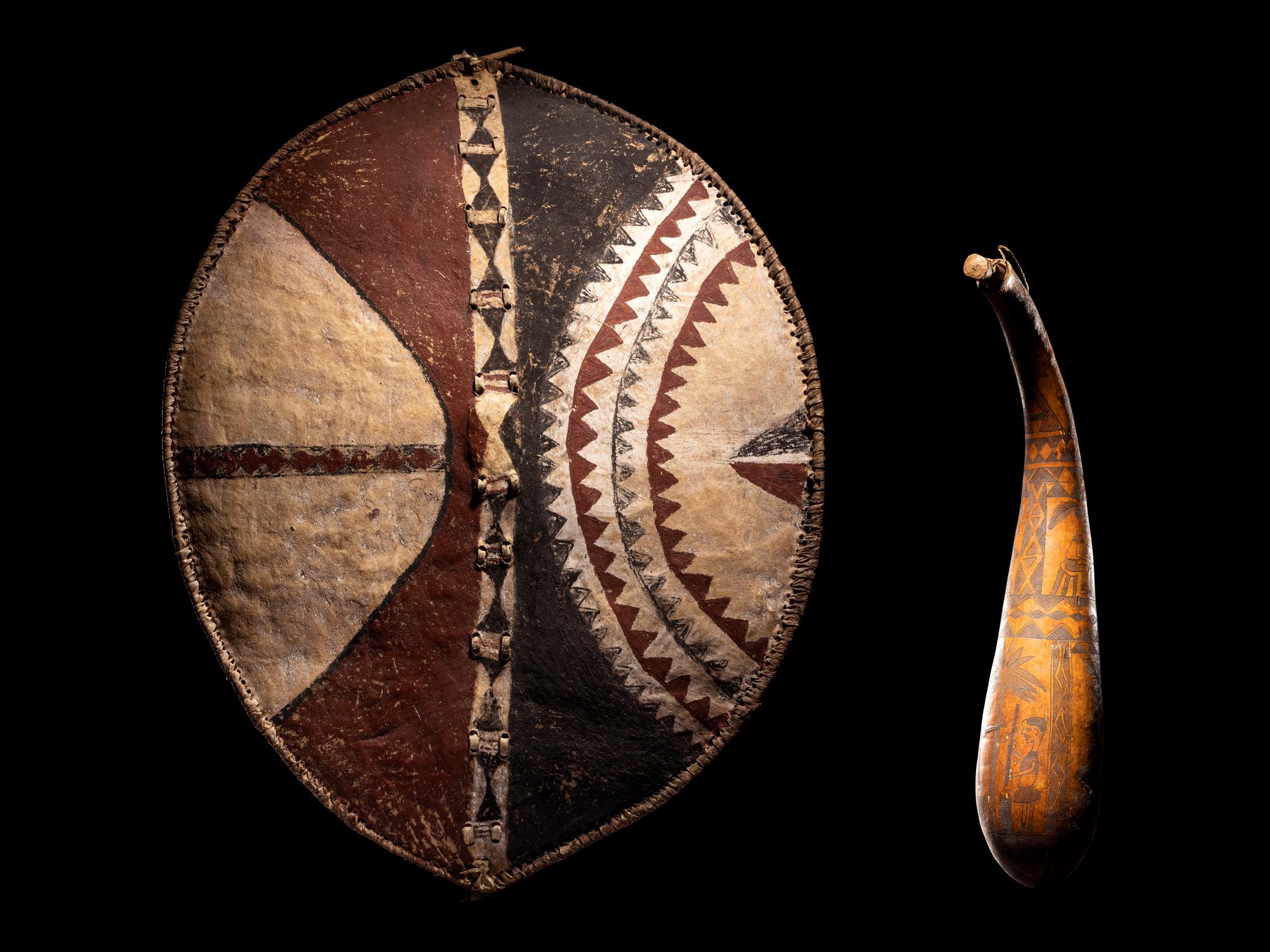 A Maasai Painted Hide Shield and Milk Gourd