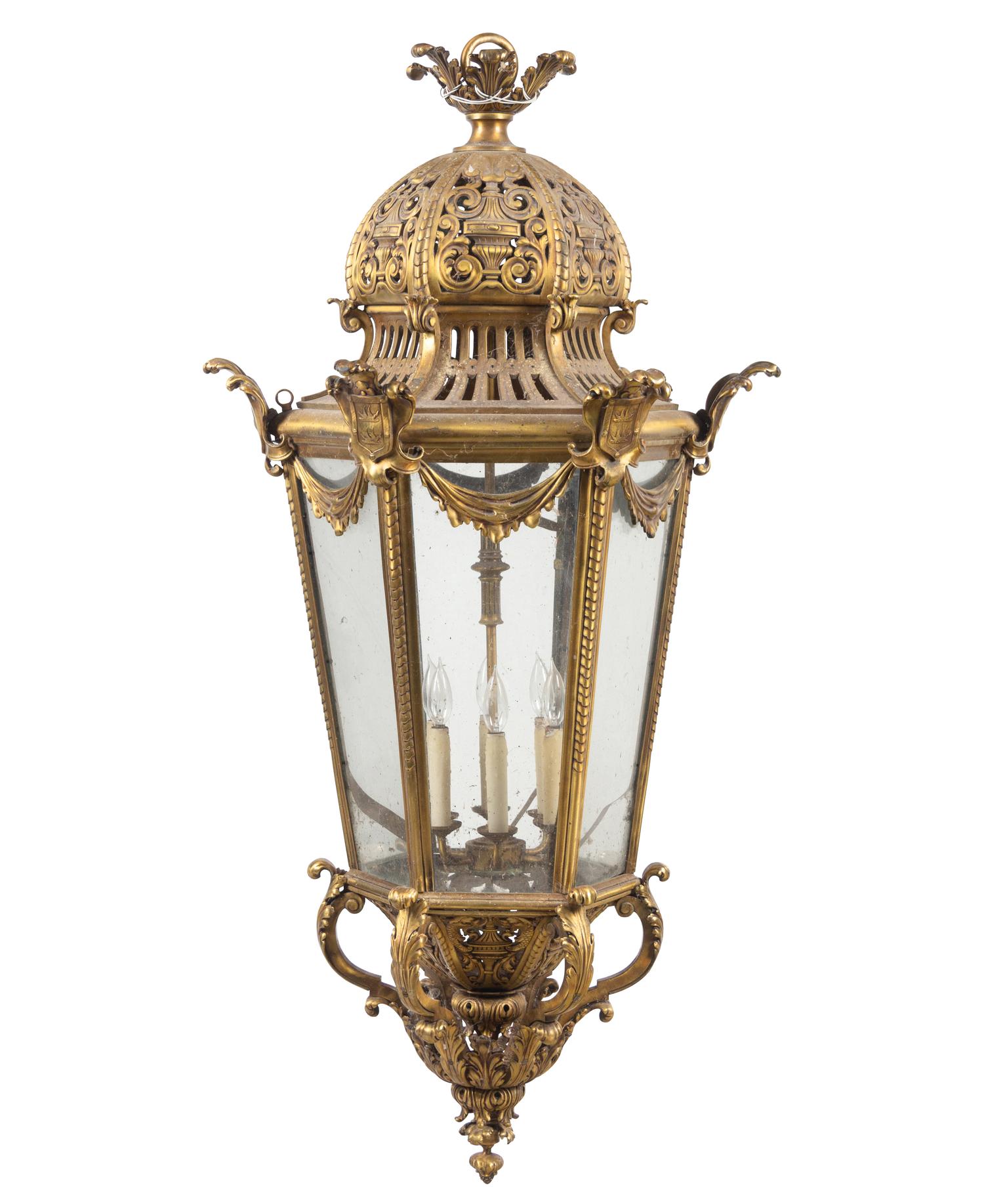 A Large Continental Gilt Brass Hall Lantern