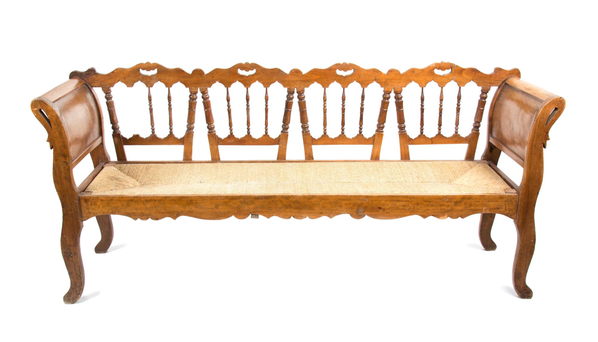 A French Provincial Fruitwood Bench Height 34 1/2 x width 76 1/2 x depth 19 1/2 inches. — LATE 19TH CENTURY