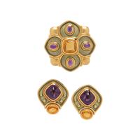 DE VROOMEN, CITRINE, AMETHYST AND ENAMEL BROOCH AND EARRINGS