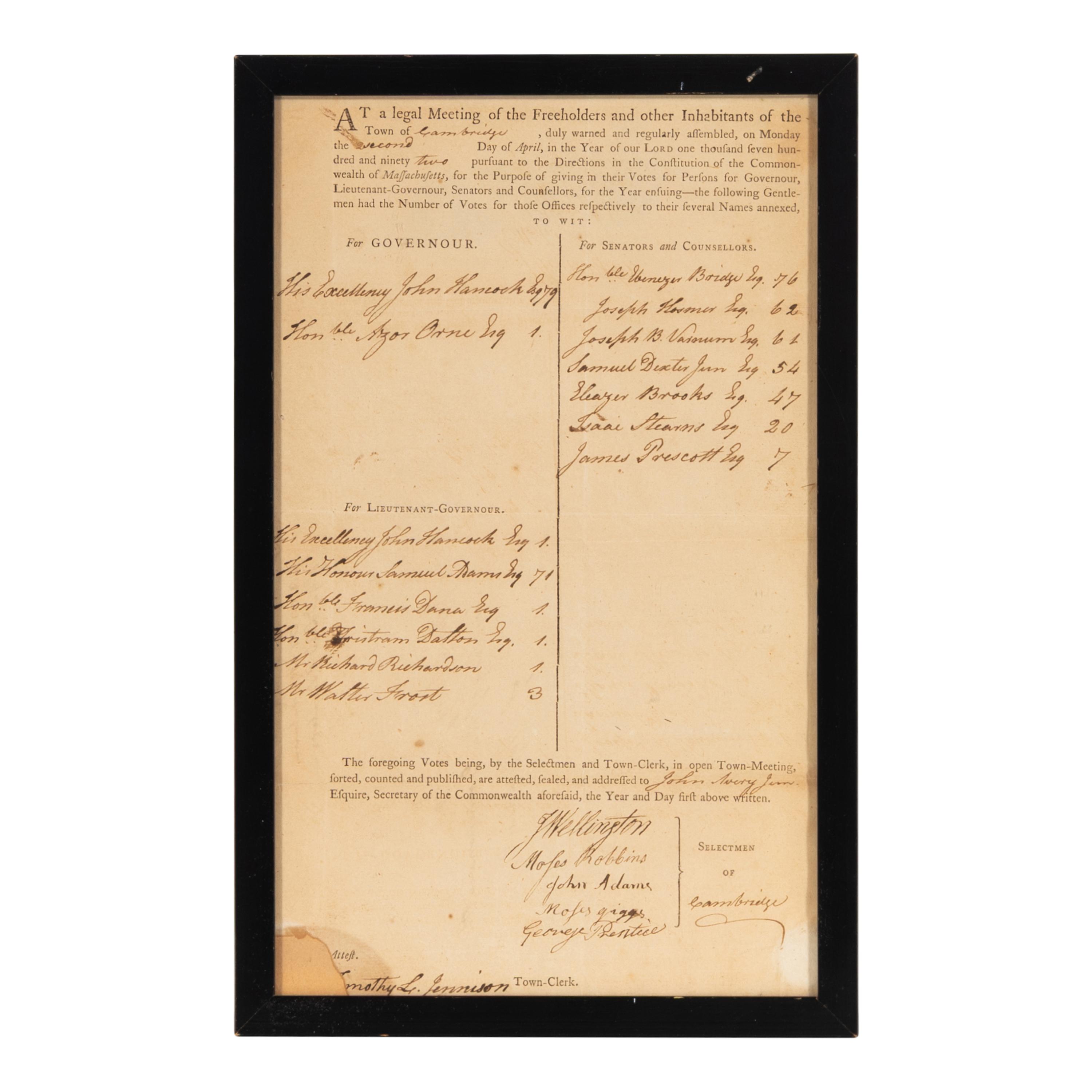 [Hancock, John (1737-1793)]. Partly printed official document attested to by Secretary of the Commonwealth John Avery, Jr., certifying the town of Cambridge results for the 1792 Massachusetts gubernatorial election, 2 April 1792.