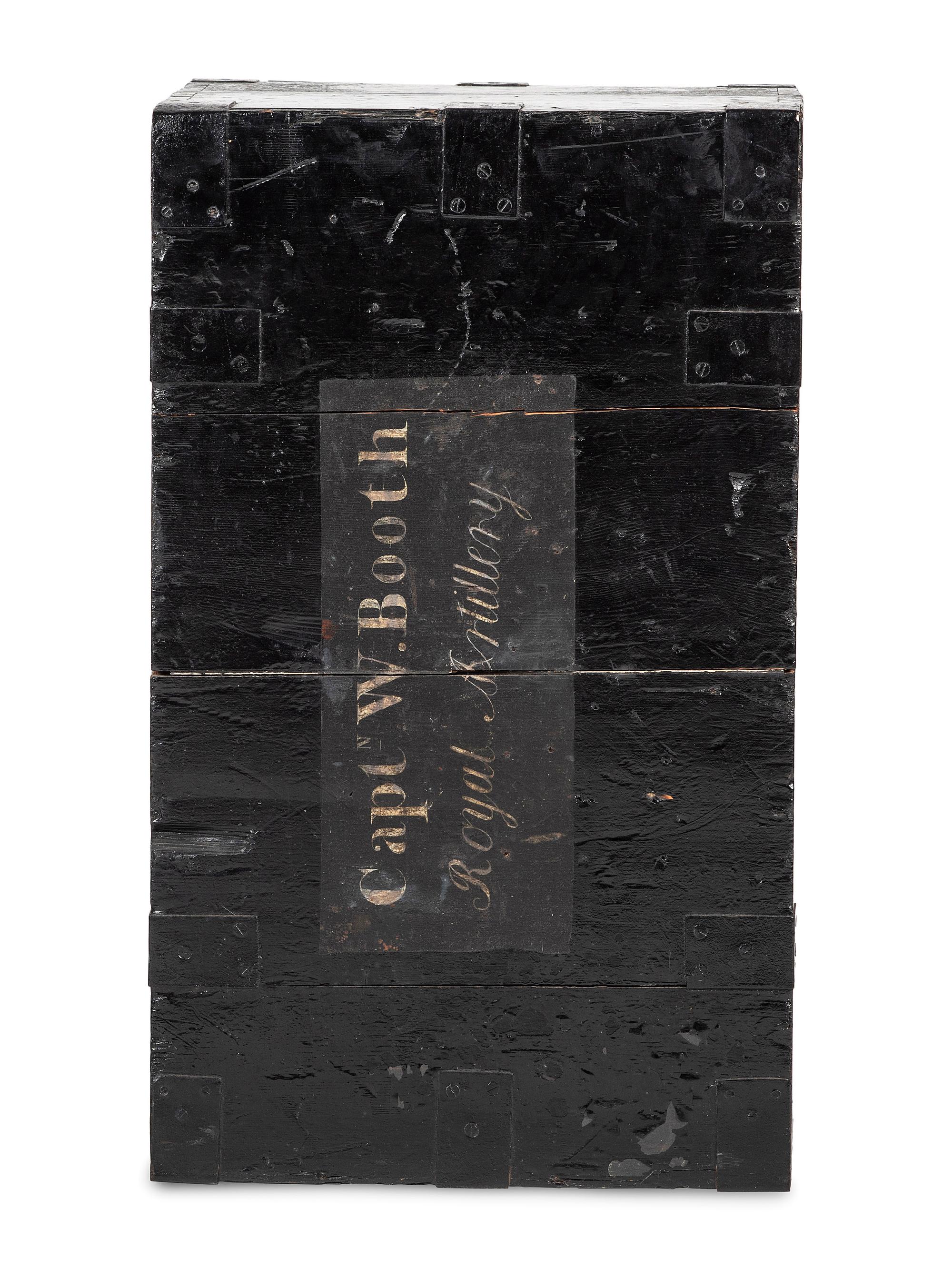 An English Black Brass and Iron Mounted, Painted Pine and Figured Mahogany Storage Chest