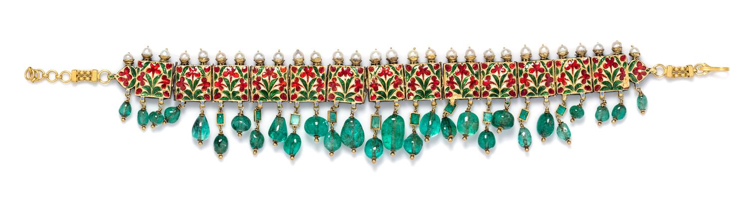 A Yellow Gold, Emerald, Diamond, Pearl and Polychrome Enamel Collar Necklace, Deccan, 105.50 dwts.