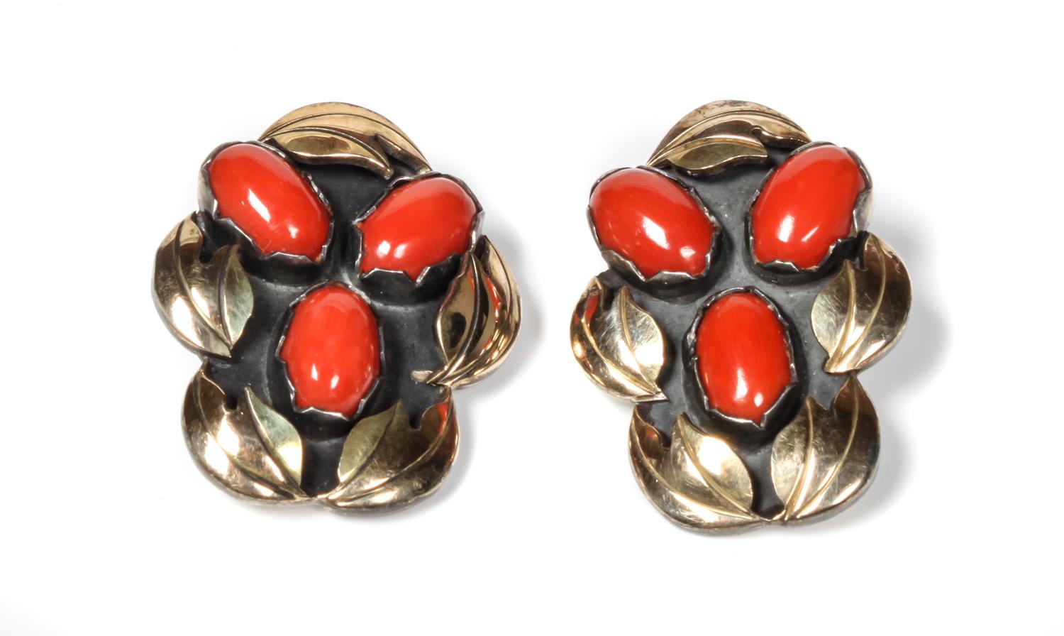 Southwestern Gold on Silver and Coral Clip Earrings Height 1 1/2 inches