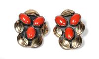 Southwestern Gold on Silver and Coral Clip Earrings Height 1 1/2 inches