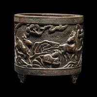 A Chinese Bronze 'Pine and Deer' Incense Burner 銅松鹿圖三足爐