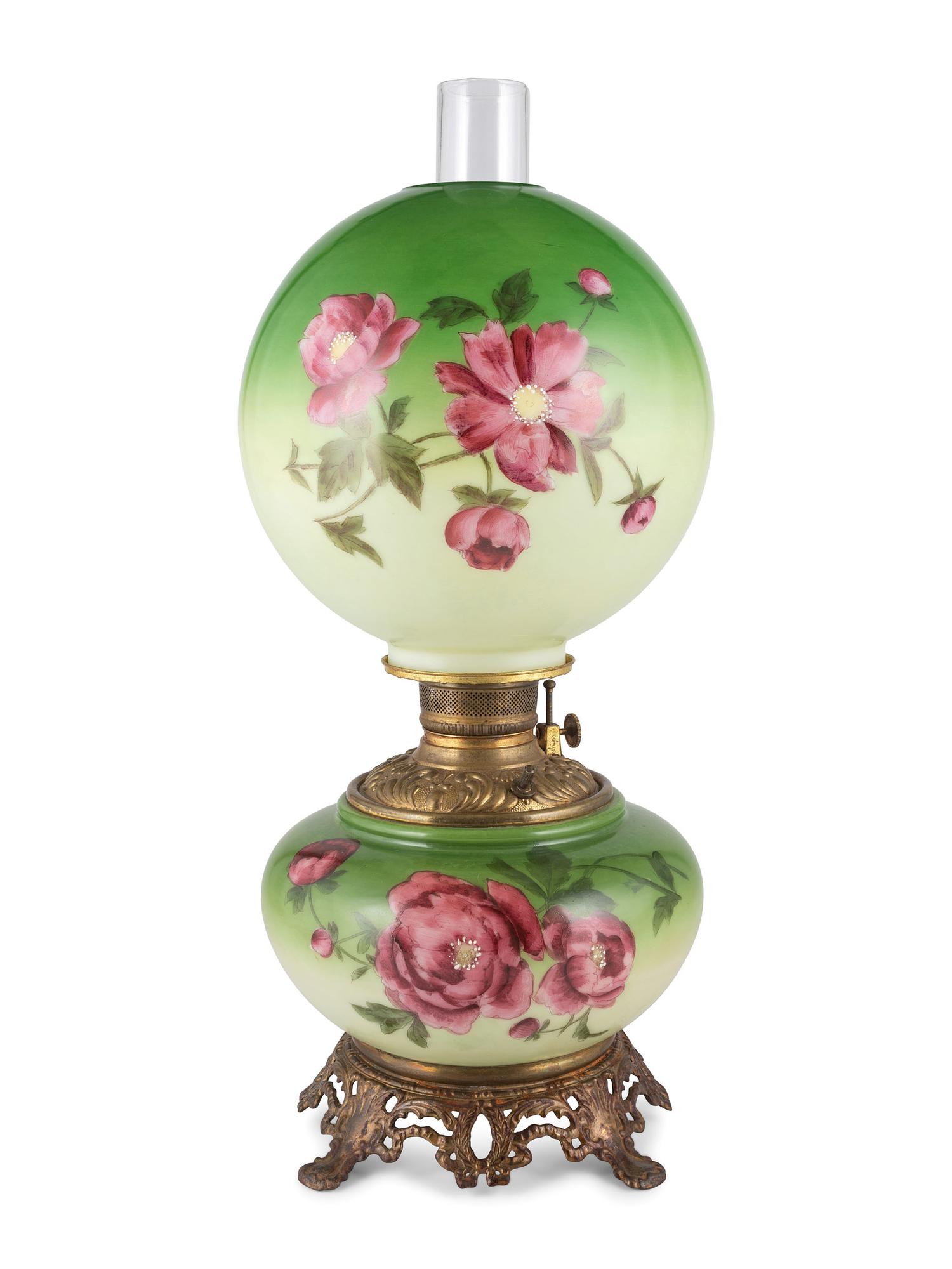 A Victorian Hand Painted Floral Oil Lamp