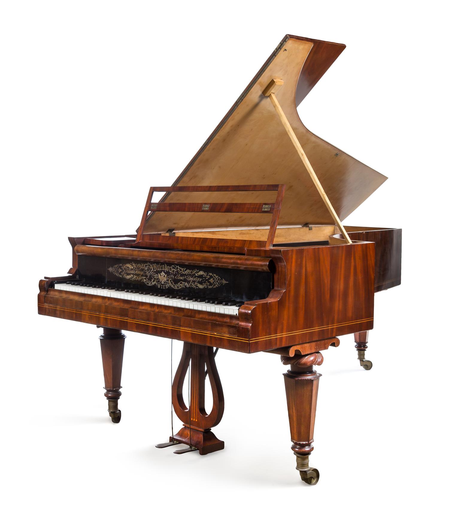 A Bosendorfer Mahogany, Walnut and Satinwood Inlaid Concert Grand Piano Length of case 92 x width 53 1/4 inches. — VIENNA, CIRCA 1845