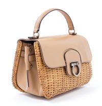 Salvatore Ferragamo Tan Leather and Wicker Handbag, 1980-90s 10" x 6.5" x 5"; Handle drop: 3.5"