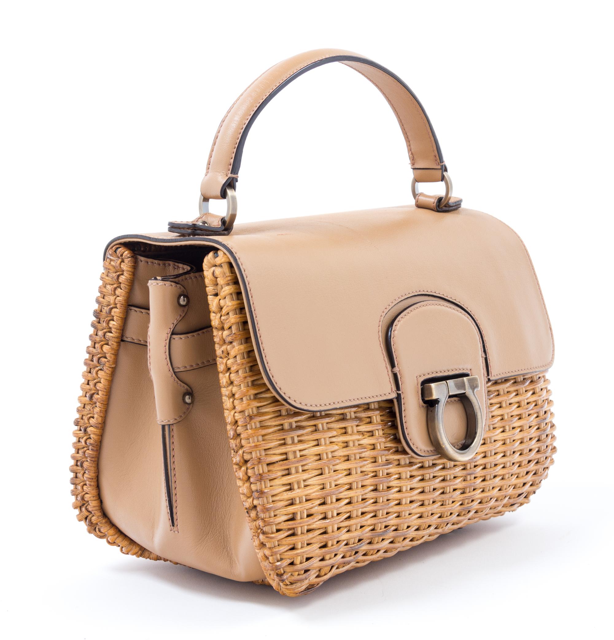 Salvatore Ferragamo Tan Leather and Wicker Handbag, 1980-90s 10" x 6.5" x 5"; Handle drop: 3.5"