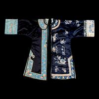 Two Chinese Midnight-Blue Ground Embroidered Silk Lady's Robes, 19th Century 清晚期 石青地綉花女褂兩件