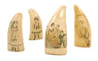 Four Engraved Scrimshaw Whale Teeth Length of longest 5 7/8 inches. — 19TH CENTURY
