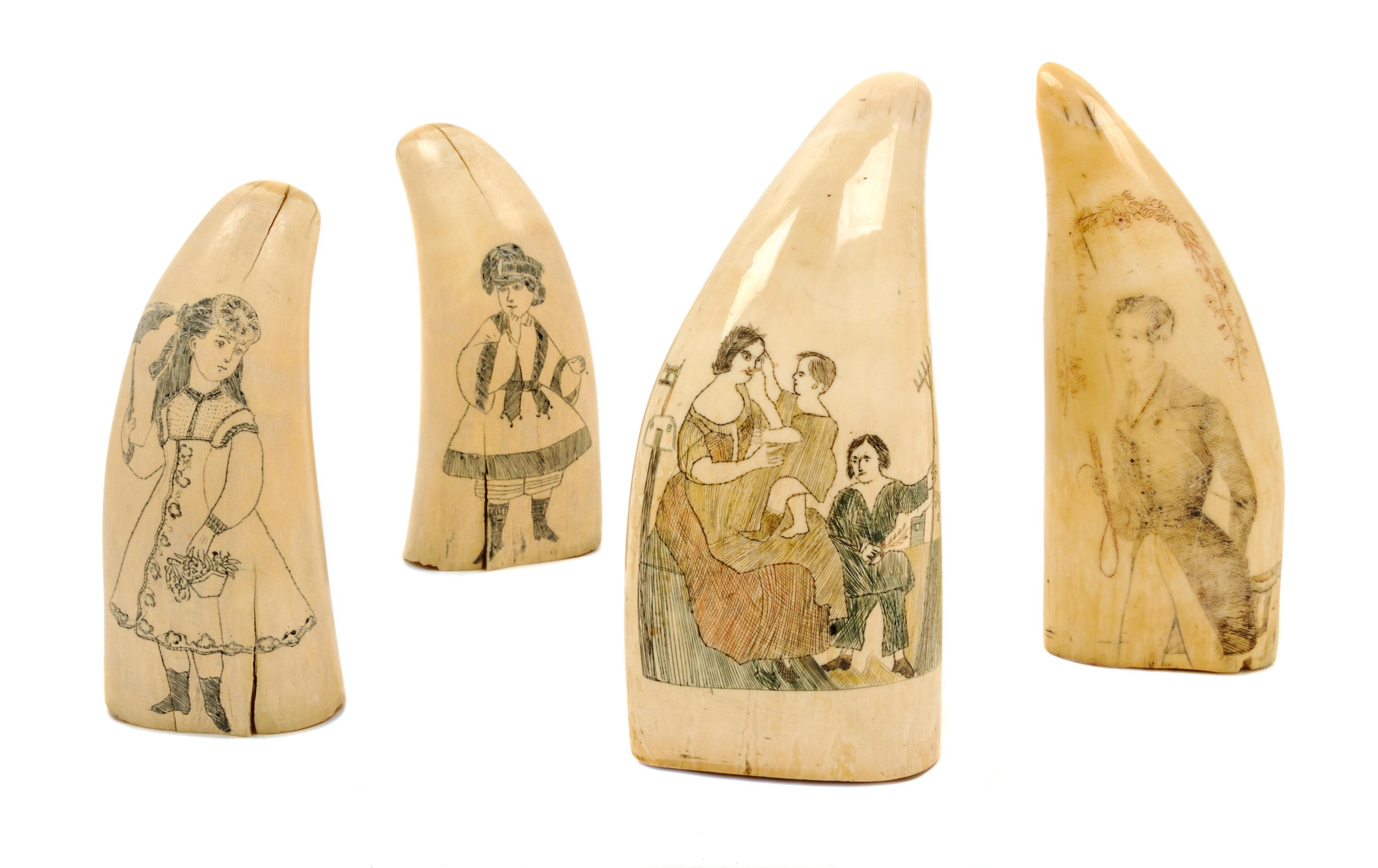 Four Engraved Scrimshaw Whale Teeth Length of longest 5 7/8 inches. — 19TH CENTURY