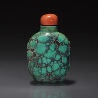 A Small Chinese Turquoise Matrix Snuff Bottle, Qing Dynasty, Circa 1800-1860 — 1800–1860年 綠松石鋪首銜環耳小鼻煙壺