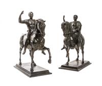 A Pair of Grand Tour Style Bronze Equestrian Groups, after the Antique, Height 14 1/2 inches.