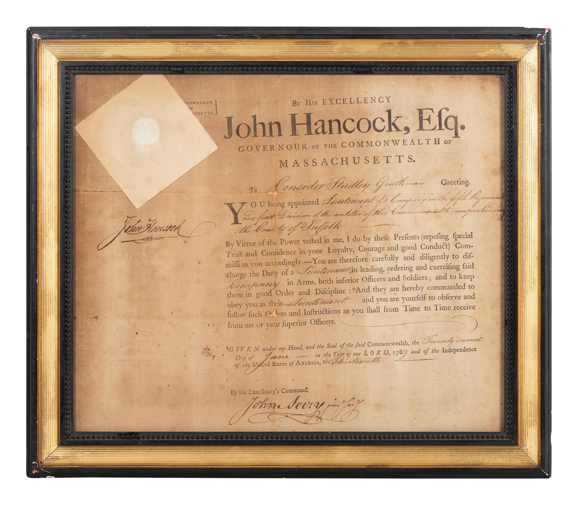 HANCOCK, John (1737-1793). Partly printed document signed (“John Hancock”), as Governor of Massachusetts, 22 June 1789.