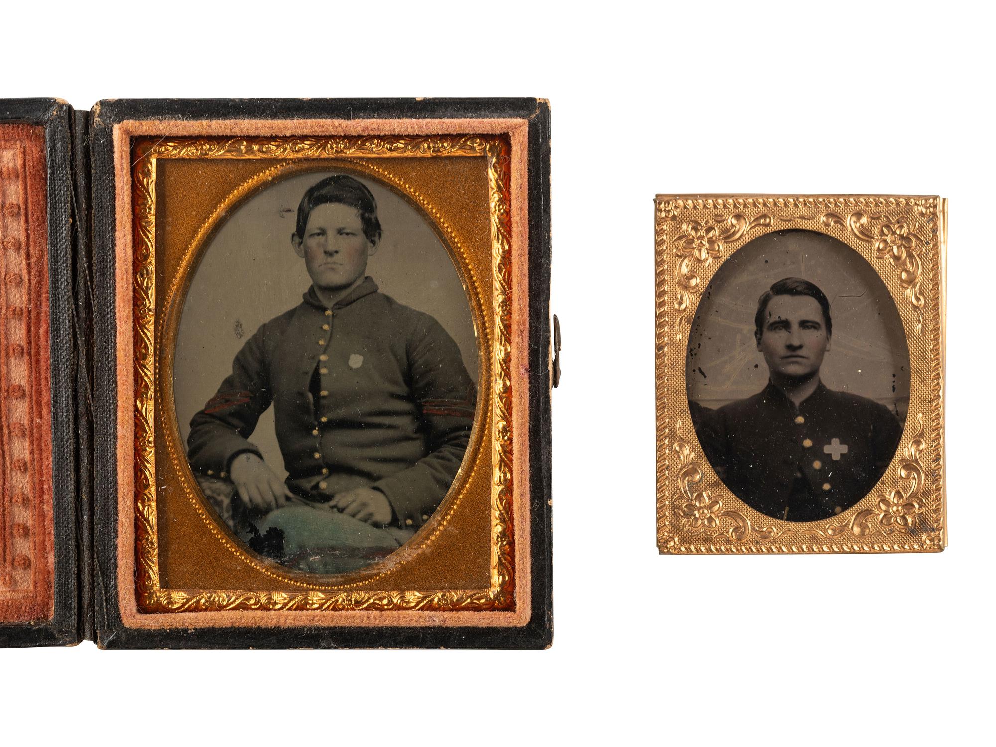 [CIVIL WAR]. A pair of tintypes featuring corporals wearing likely corps badges.