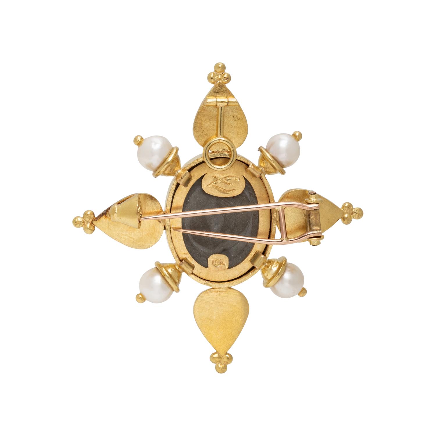 ELIZABETH LOCKE, LAVA CAMEO AND CULTURED PEARL BROOCH PENDANT